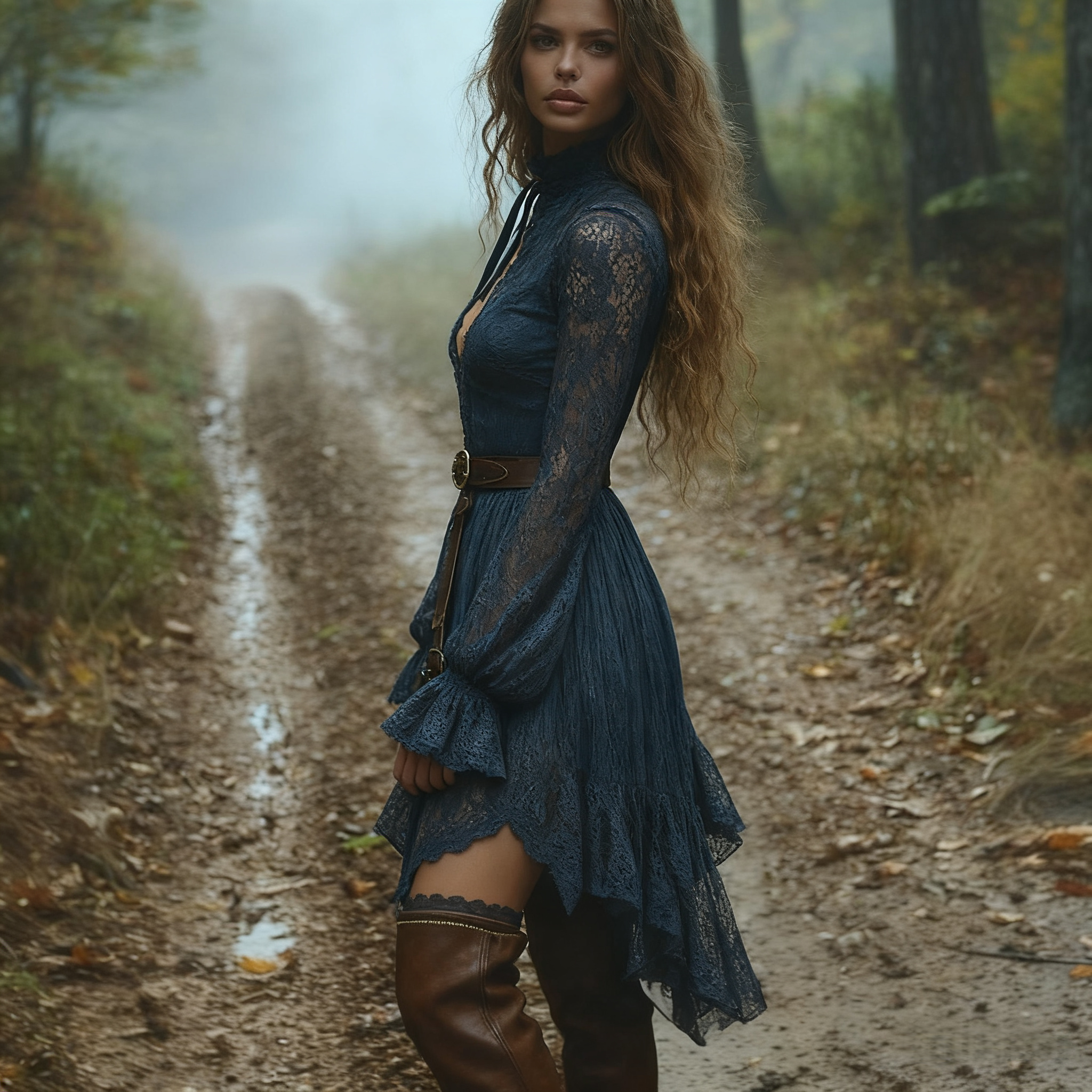 Dark Lace Western-Boho Midi Dress with Tie Neck