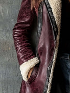 Women's Vintage Burgundy Lambskin Faux Leather Coat
