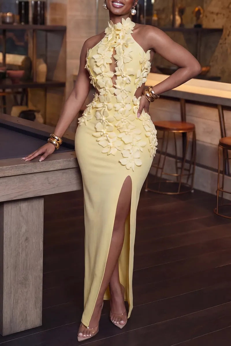 Women's Elegant Floral Trim Slit Hem Dress