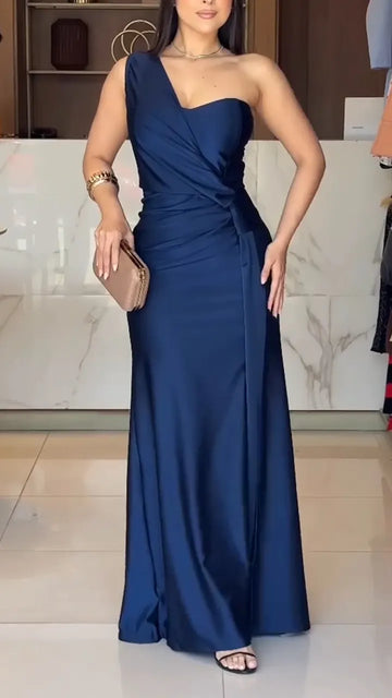 Womens One Shoulder Solid Color Elegant Temperament Dress