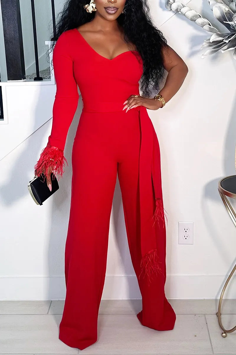 Women's Red Form-Fitting Jumpsuit with Feather Trim on Cuffs and Sash