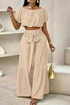 Women's Elastic Off Shoulder Puff Sleeve Loose Crop Blouse Or High Waist Smocked Bow Tie Front Tiered Flowy Wide Leg Pants
