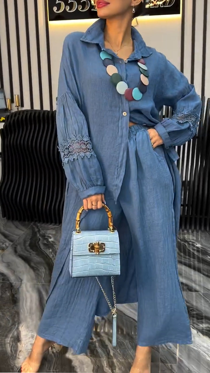 Women's Collar Irregular Splicing Printed Hollow Out Long Top+loose Pants Casual Suit