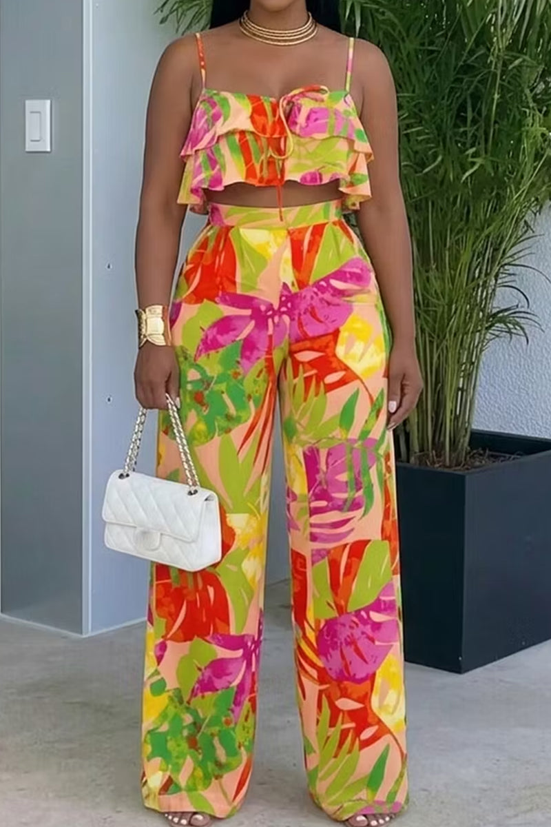 Women's Printed Spaghetti Strap Cropped Top Or Wide Leg Pants