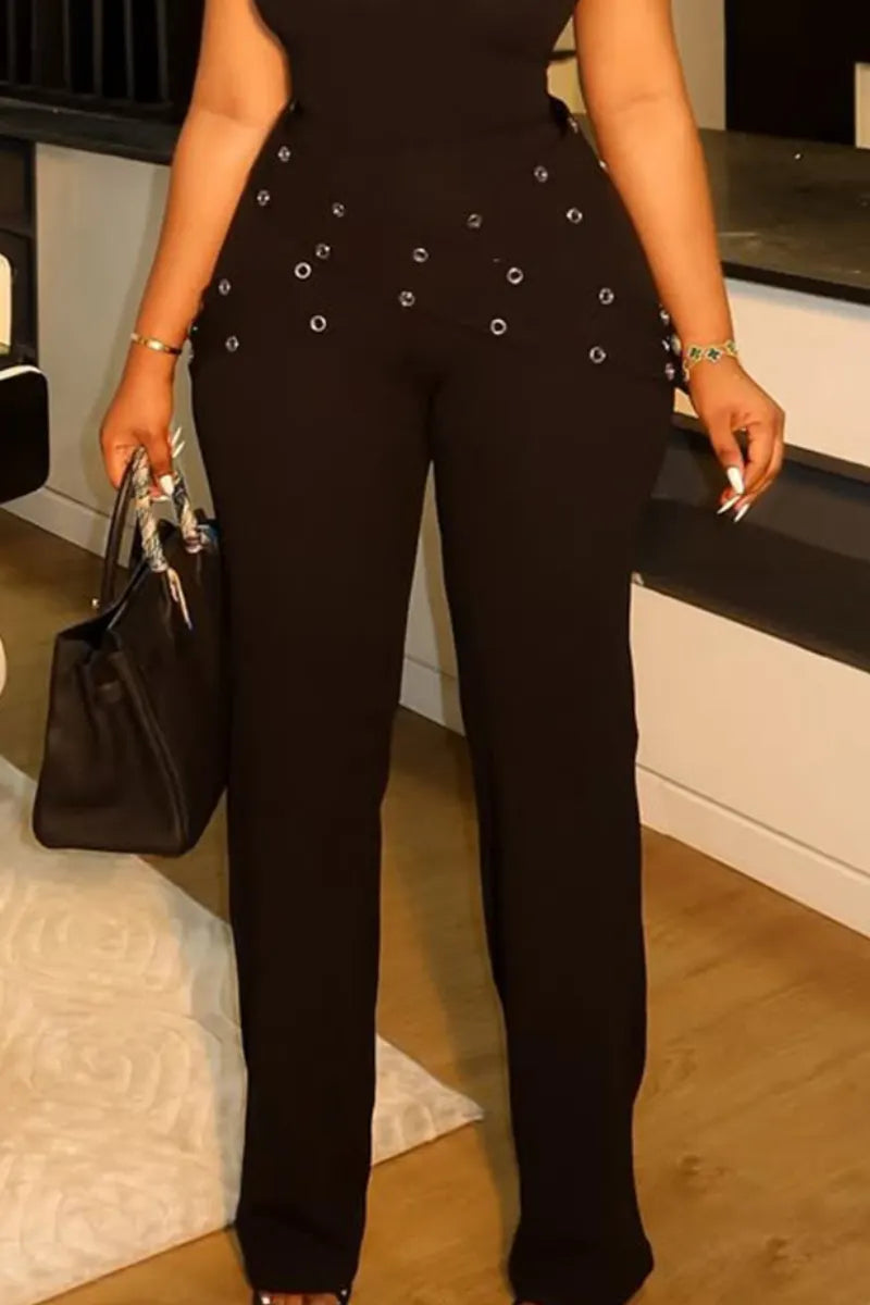 Women Casual One-piece Collar Spliced Top or Spliced Metal Buckle Pants