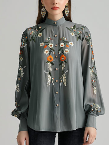 (clearance)Floral Embroidered Commuter Long-sleeved Shirt