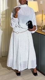 Women Round Neck Polka Dot Long Sleeved Top + Half Skirt Casual Suit