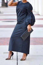 Women's Asymmetrical Black Maxi Dress with Single Statement Puff Sleeve