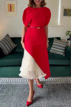 Women's Elegant Asymmetric Hem Dress Mesh Skirt Set