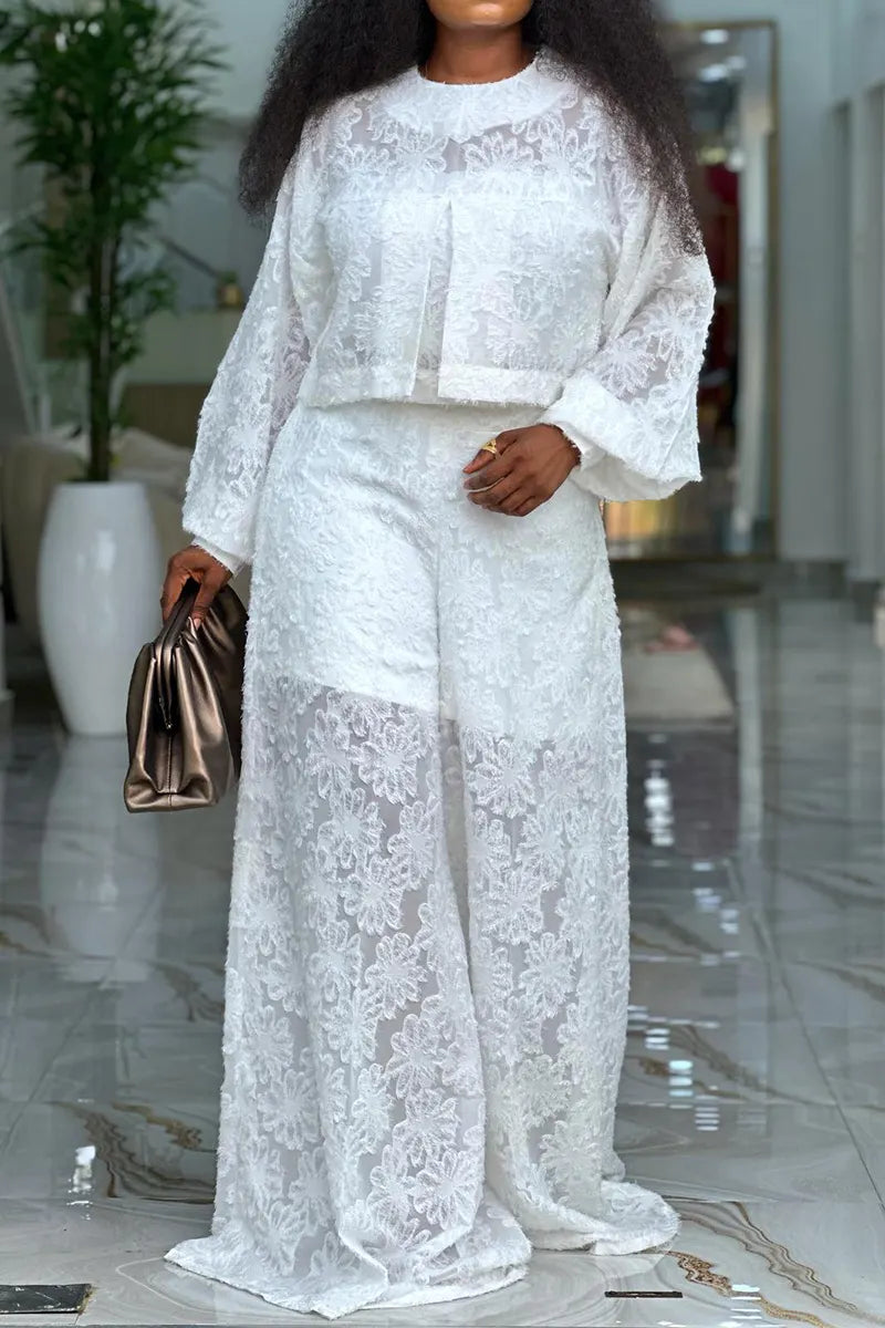 Women's Sheer Lace Long-Sleeve Top Or Wide-Leg Pants
