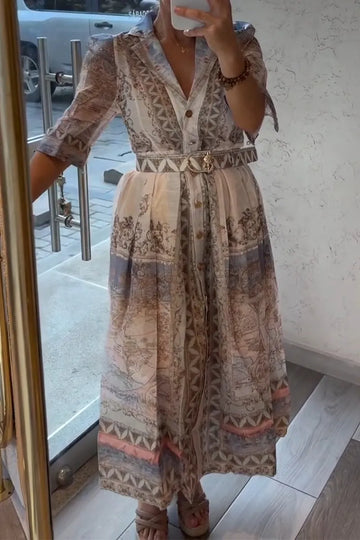 Women Collar Print Elegant Casual Maxi Dresses