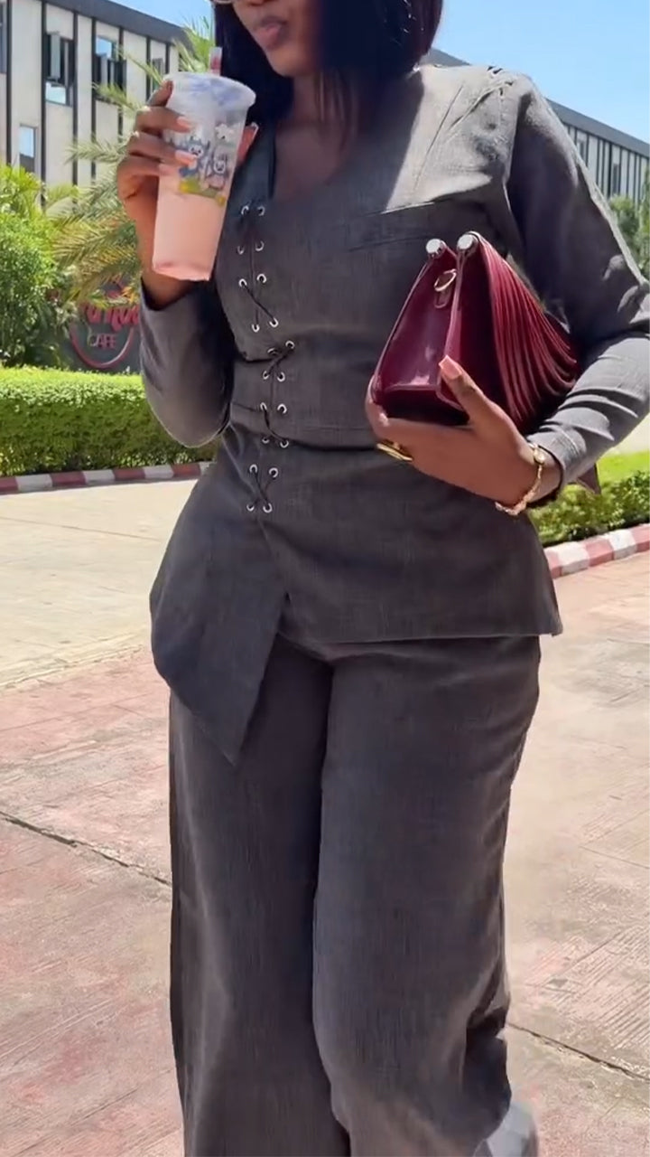 Women V-neck Cross Tie Top + Pants Temperament Commuting Suit