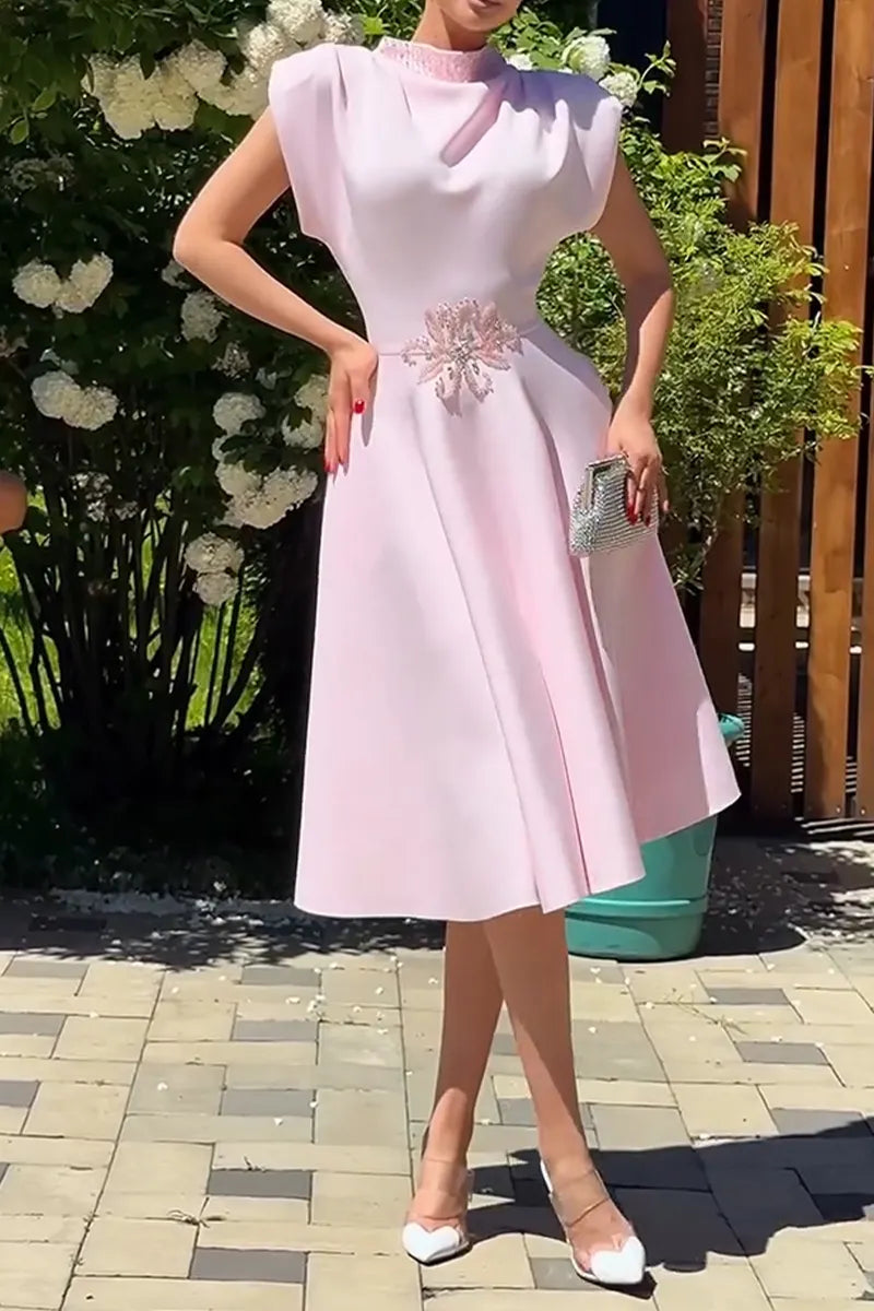Women's Elegant Wide Shoulder Beaded A Line Midi Dress