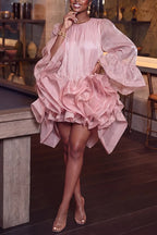 Women's Elegant Flounce Sleeve Multi Tiered Hem Layered Romantic Dress