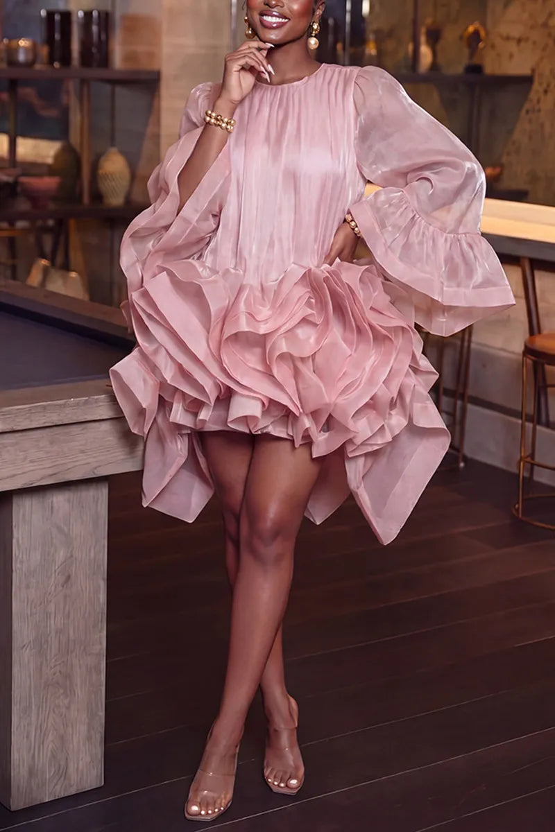 Women's Elegant Flounce Sleeve Multi Tiered Hem Layered Romantic Dress