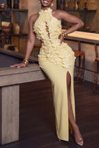 Women's Elegant Floral Trim Slit Hem Dress