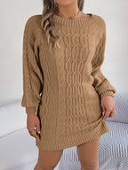 （ In stock）Women Round Neck Solid Color Lantern Sleeve Straight Sweater Dress