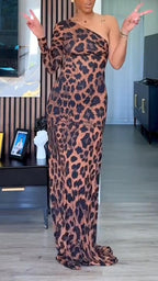 Womens Slanted Neck Leopard Print Dress with Multiple Ways of Wearing Elegant Temperament
