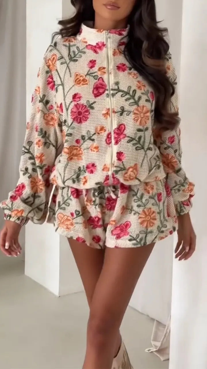 Womens Round Neck Floral Embroidered Jacket + Shorts Casual Set