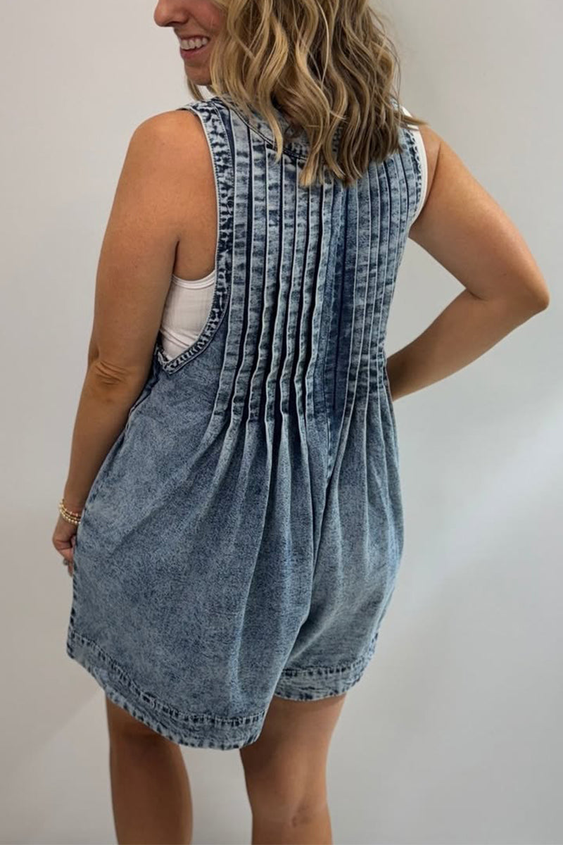 Women's V-neck Patchwork Pleated Washed Water Casual Short Jumpsuit