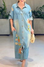 Women Collar Embroidery Washed Water Casual Loose Denim Maxi Dresses