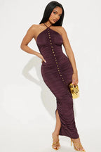 Womem Sexy Slim Fit Halter Dress - Side Button Slit Maxi Gown