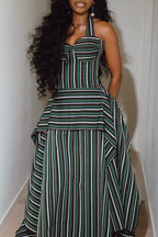 Women's Vintage Striped Halter Neck Asymmetric Maxi Dress