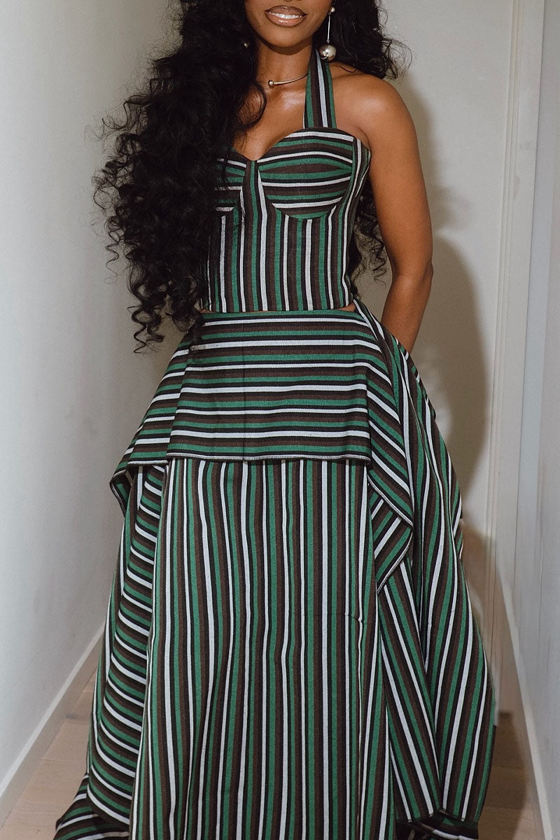 Women's Vintage Striped Halter Neck Asymmetric Maxi Dress