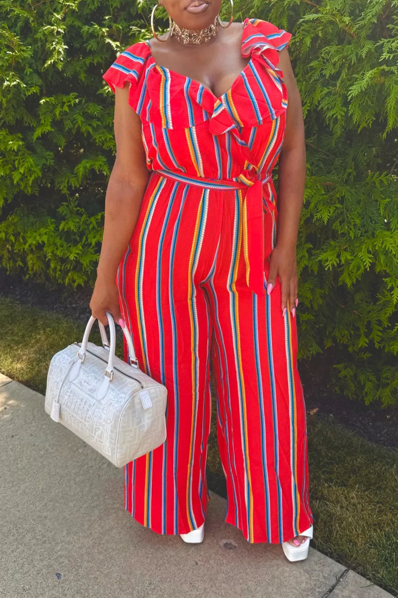 Women's Bright Color Striped Ruffle Trim Wide Leg Vacation Jumpsuit