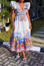 Women V-neck Printed Waist Cinched Flying Sleeve Elegant Casual Maxi Dresses