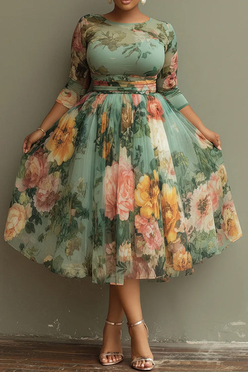 Ladies' Fashionable Leisure Vacation Sage Green Floral Round Neck 3/4 Sleeves Sheer Sheer Mid Length Skirt