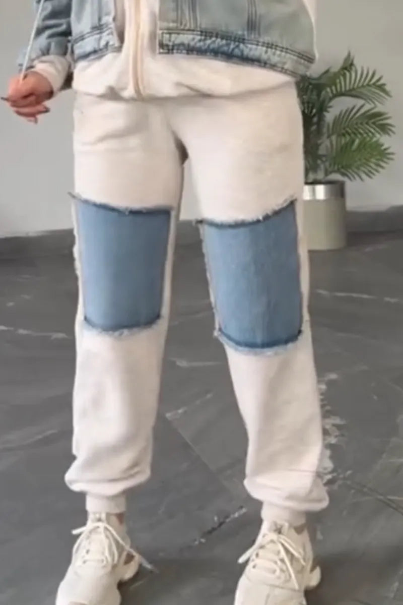 Women Collared Patchwork Denim Casual Suit