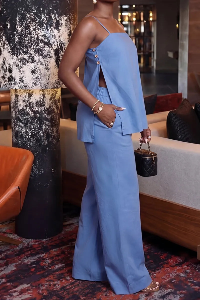 Women's Casual Light Blue Spaghetti Strap Tunic Top or  Wide Leg Pants Co-Ord