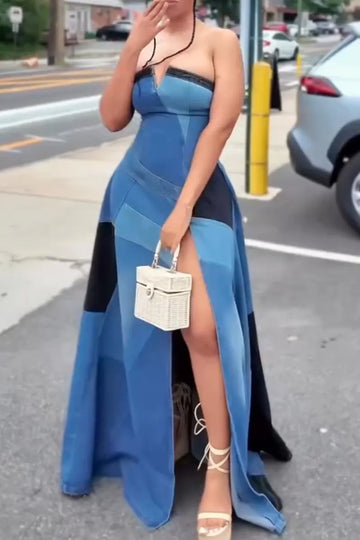 Women Strapless Patchwork Slit Elegant Temperament Denim Dress
