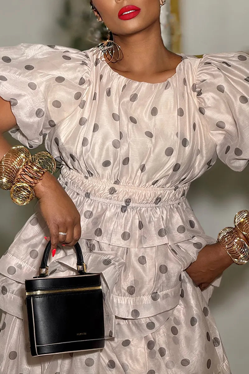 Women's Elegant Puff Sleeve Tiered Flounce-Hem Polka Dot Dress