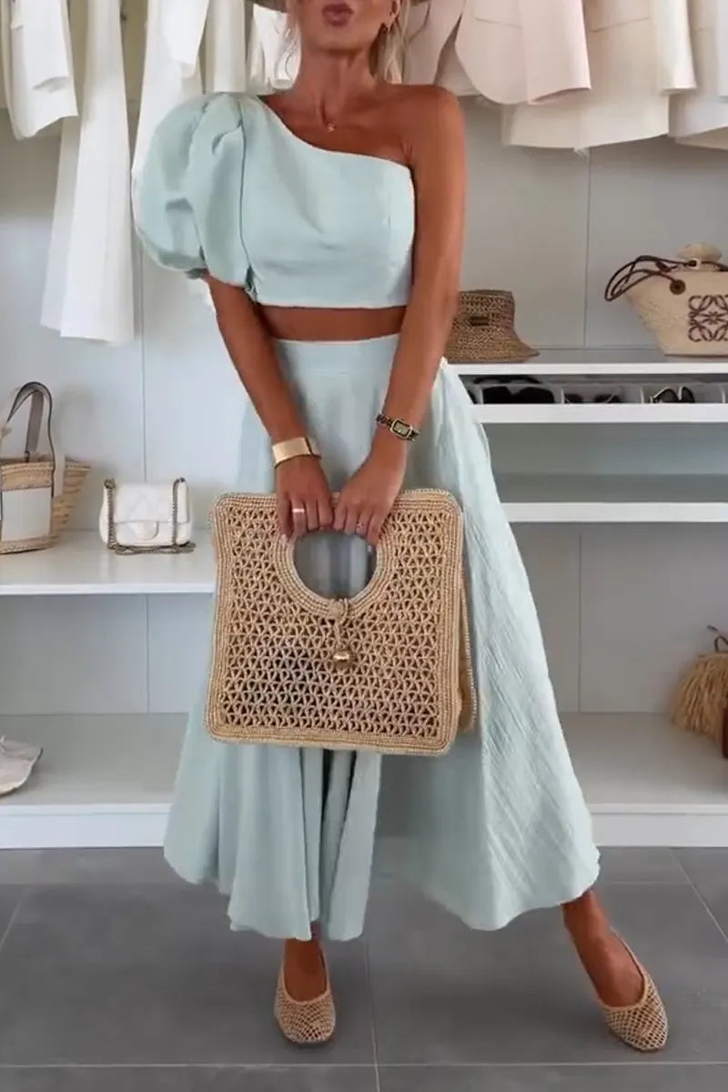 Women One Shoulder Top+ Half Skirt Elegant Casual Suit