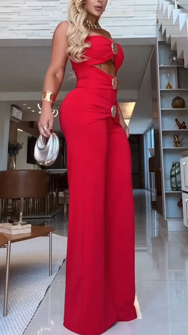 Women Strapless Hollow Metal Buckle Decoration Sexy Temperament Dinner Party Jumpsuit