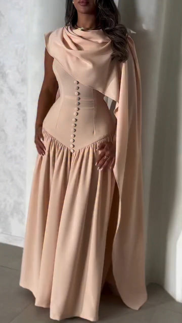 Ladies Round Neck Buckle Patchwork Shawl Elegant Temperament Dinner Dress
