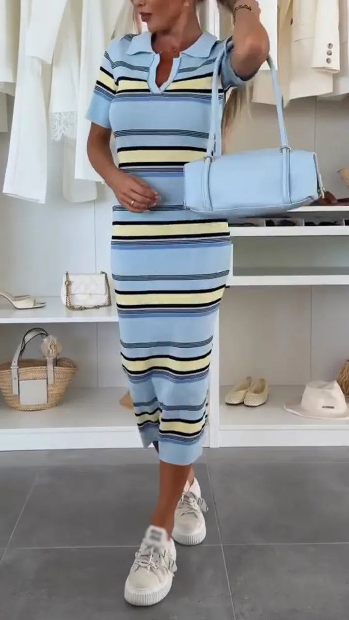 Women Collar Striped Slim Casual Dress