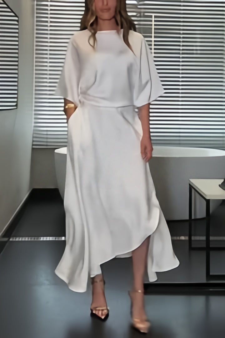 Satin Wrap Asymmetric Maxi Dress | Half-Sleeve Draped Silhouette