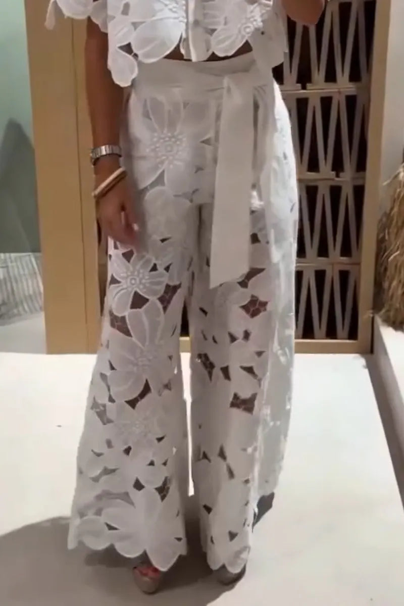 Women Casual Lapel Patterned Hollow Top or Wide Leg Pants