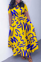 Women's Flowy A-Line Maxi Dress with Vibrant Abstract Print & Side Pockets