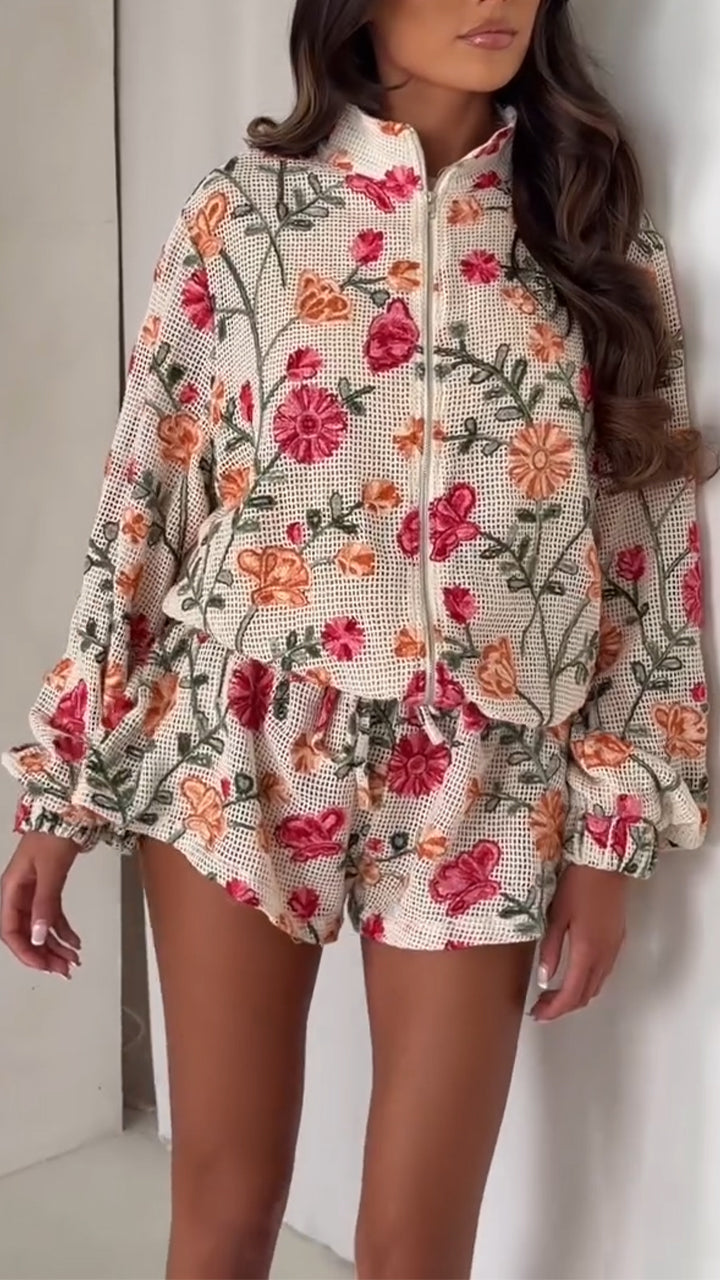 Womens Round Neck Floral Embroidered Jacket + Shorts Casual Set
