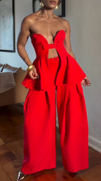 Women Strapless Hollow Top + Wide Leg Pants Solid Color Sexy Casual Suit