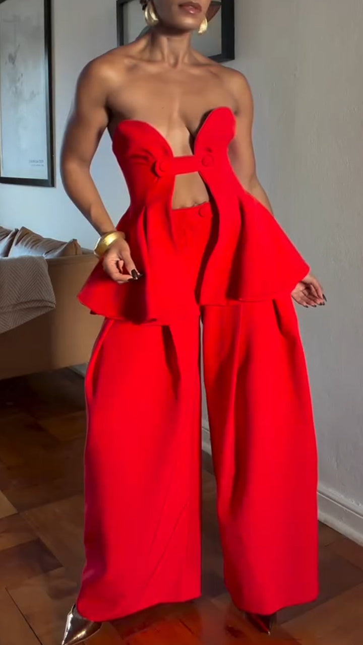 Women Strapless Hollow Top + Wide Leg Pants Solid Color Sexy Casual Suit