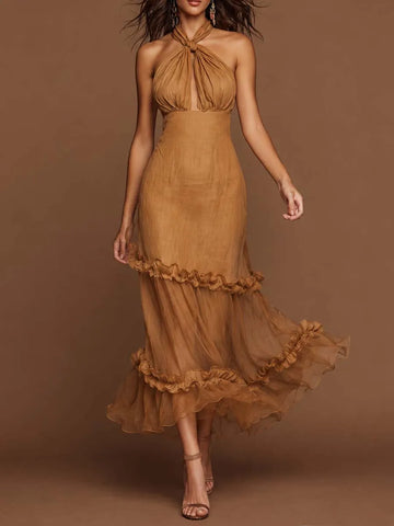 Elegant Tie Halter Keyhole Front Tiered Ruffle Tencel-linen Blend Midi Dress