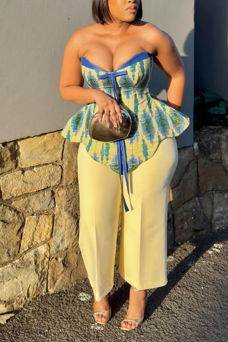 Women Elegant Casual Strapless Printed Irregular Tops or Wide Leg Pants