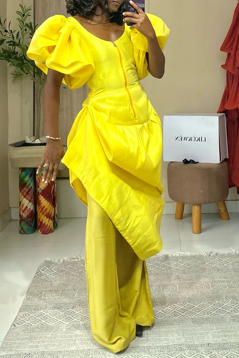 Women's Bright Yellow Off Shoulder Puff Sleeve Corset Top Or Wide Leg Pants