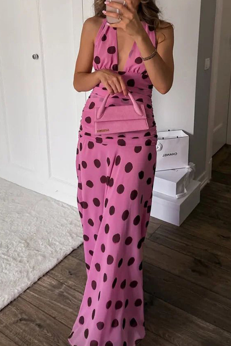 Women's Printed V Neck Tie Waist Long Vacation Dress