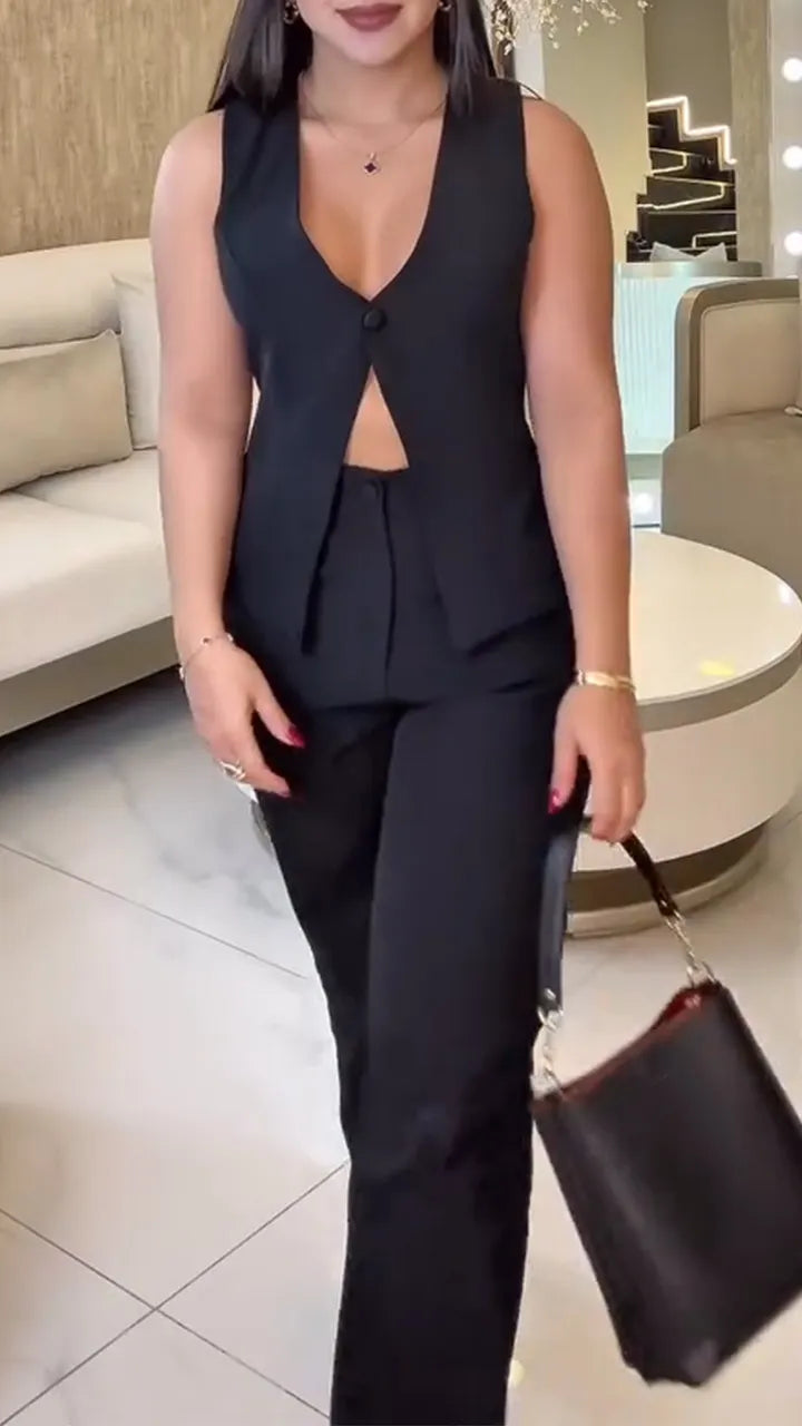 Womens V-neck Back Hollow Top + Pants Casual Suit